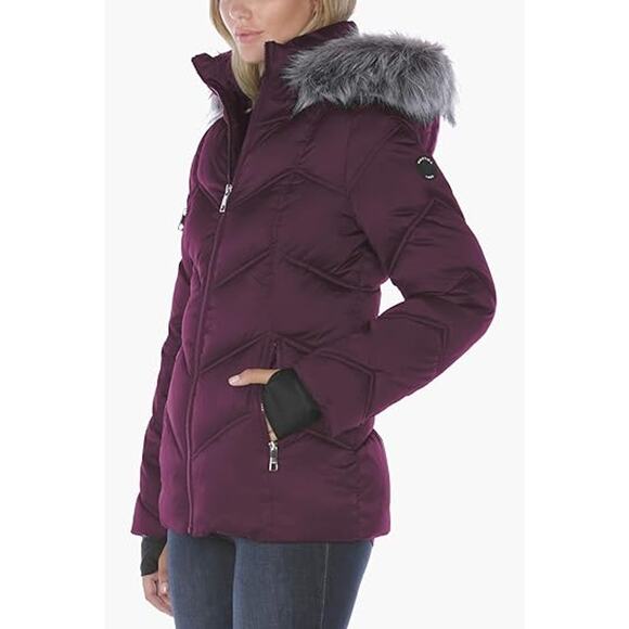 NWT Nautica Women's Midweight Puffer Jacket with Faux Fur Trim, Purple Tulip-S L - Picture 3 of 5